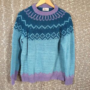 Vintage 90’s Nomadic Traders Wool Sweater Peru Fair Isle Purple Blue Knit